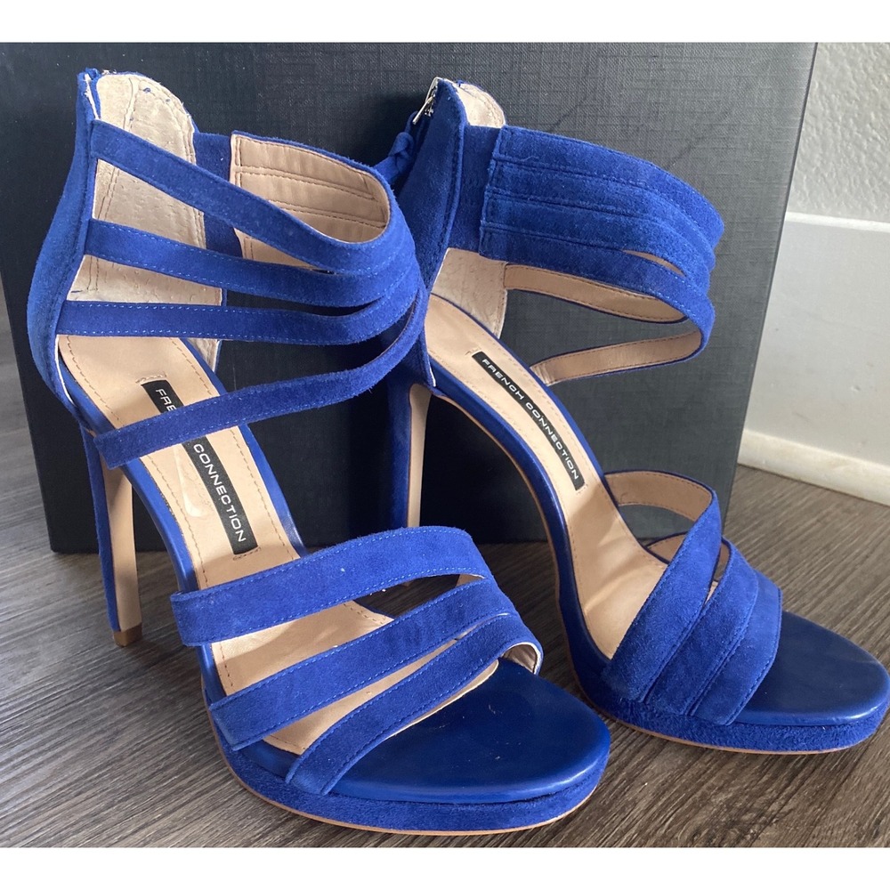 French Connection Monarch Blue Suede Multi Strap Cage Stiletto Heels Sandals 7.5 - Picture 2 of 11